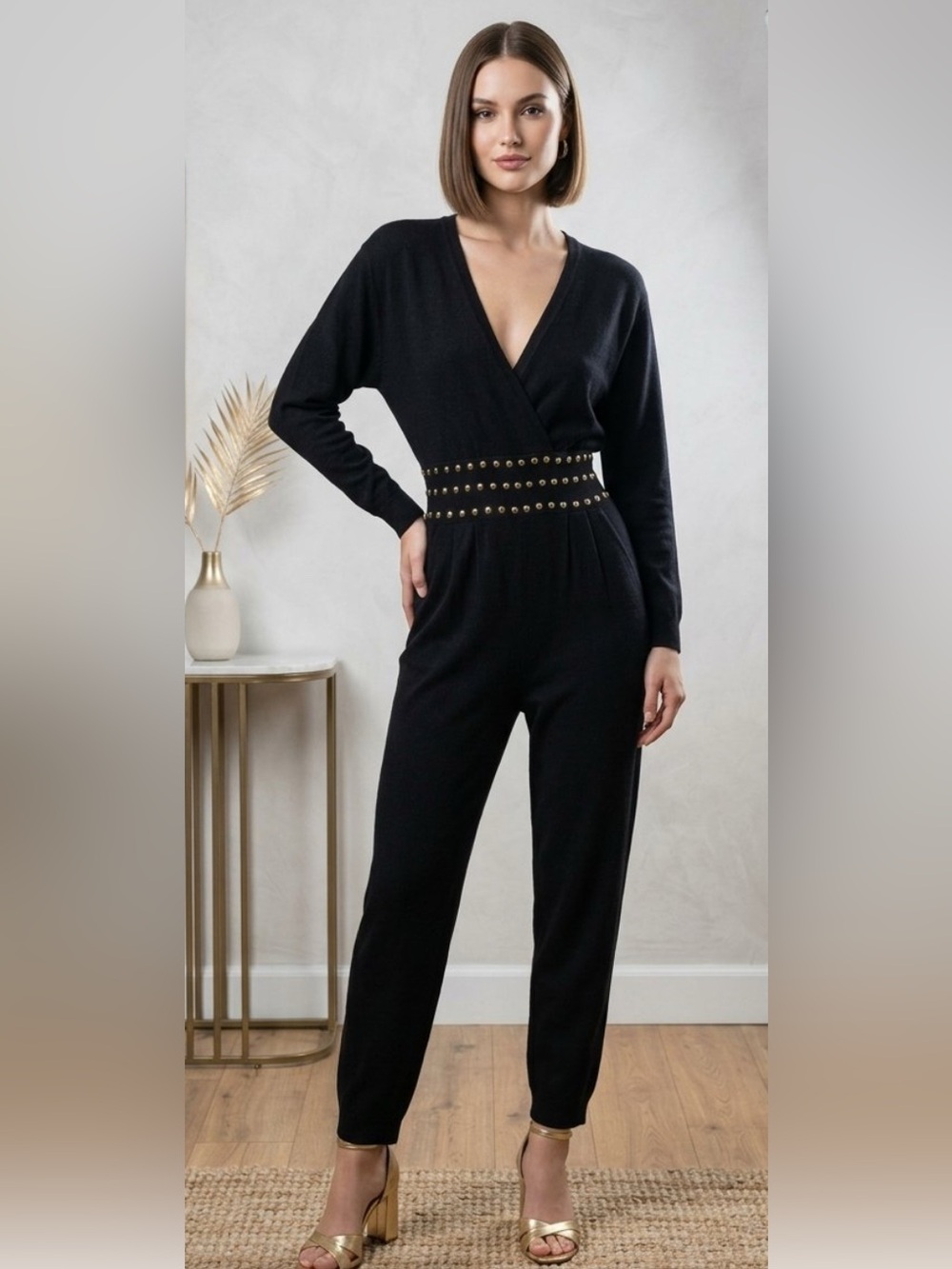St. John Collection Black Long-Sleeve V-Neck Jumpsuit with Studded Waist